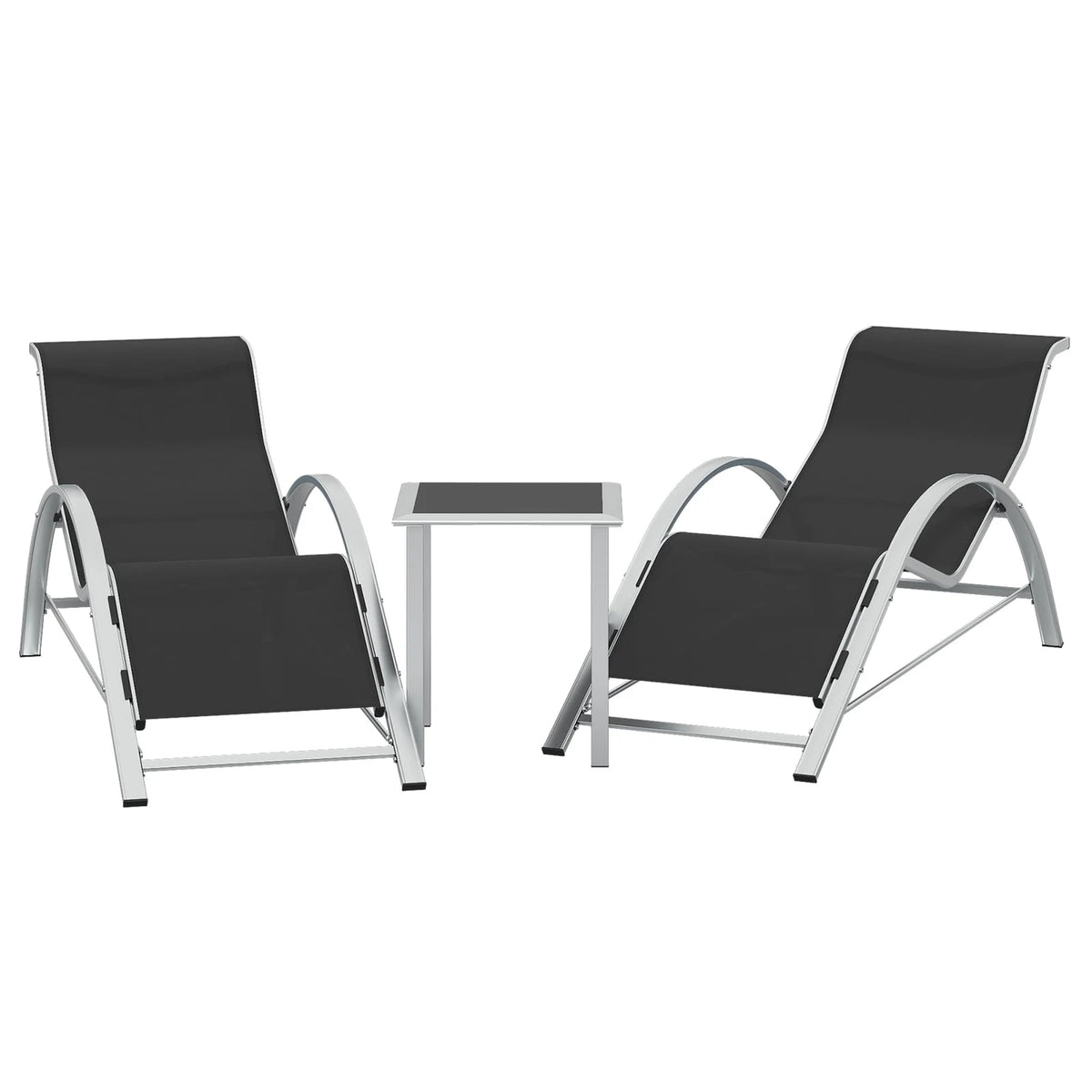 3-Piece Outdoor Chaise Lounge Chair Set – Reclining Patio Loungers with Aluminum Table & Armrests – Weather-Resistant, Modern Tanning Chairs for Poolside, Garden, Beach, Modern Black