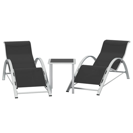 3-Piece Outdoor Chaise Lounge Chair Set – Reclining Patio Loungers with Aluminum Table & Armrests – Weather-Resistant, Modern Tanning Chairs for Poolside, Garden, Beach, Modern Black