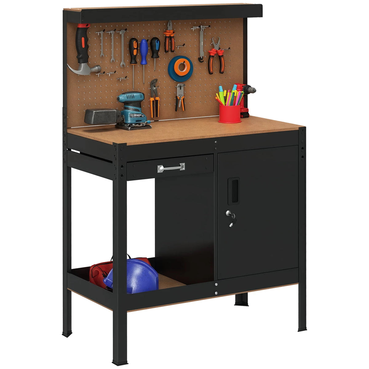 HOMCOM Garage Workbench with Storage Drawer, Peg Board, Lockable Cabinet