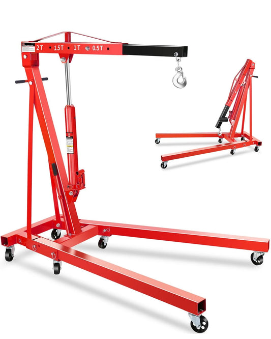Red 2 Ton Folding Hydraulic Engine Hoist, Heavy Duty Shop Crane with 6 Locking Casters and 4 Boom Positions for Garage and Workshop