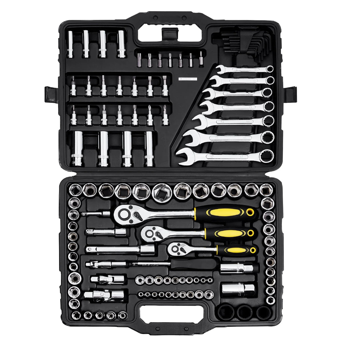 KFFKFF 121-Piece Mechanics Tool Set, 1/4" 3/8" 1/2" Drive Sockets, SAE and Metric Mechanic Tool Kit with Bits, Wrenches, Ratchet Handle, Accessories