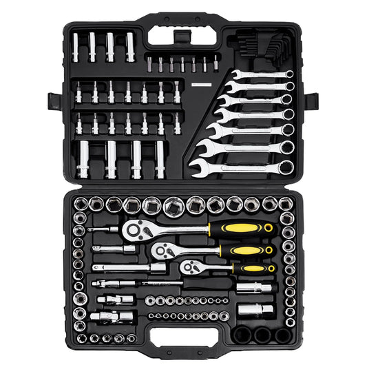 KFFKFF 121-Piece Mechanics Tool Set, 1/4" 3/8" 1/2" Drive Sockets, SAE and Metric Mechanic Tool Kit with Bits, Wrenches, Ratchet Handle, Accessories