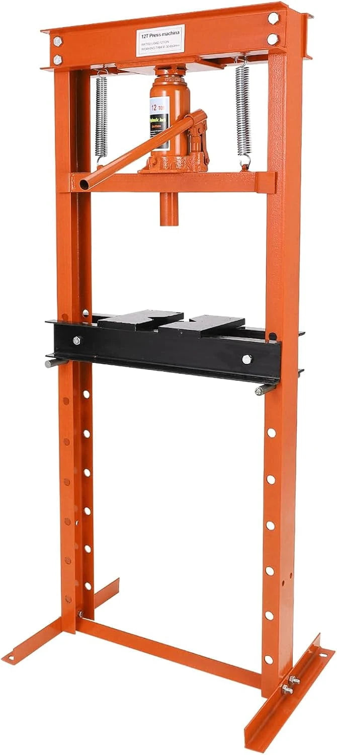 12 Ton Hydraulic Shop Press, H-Frame, 8-Hold Adjustable Height, with Movable Plates and Dust Cover, for Garage or Professional Users, Orange