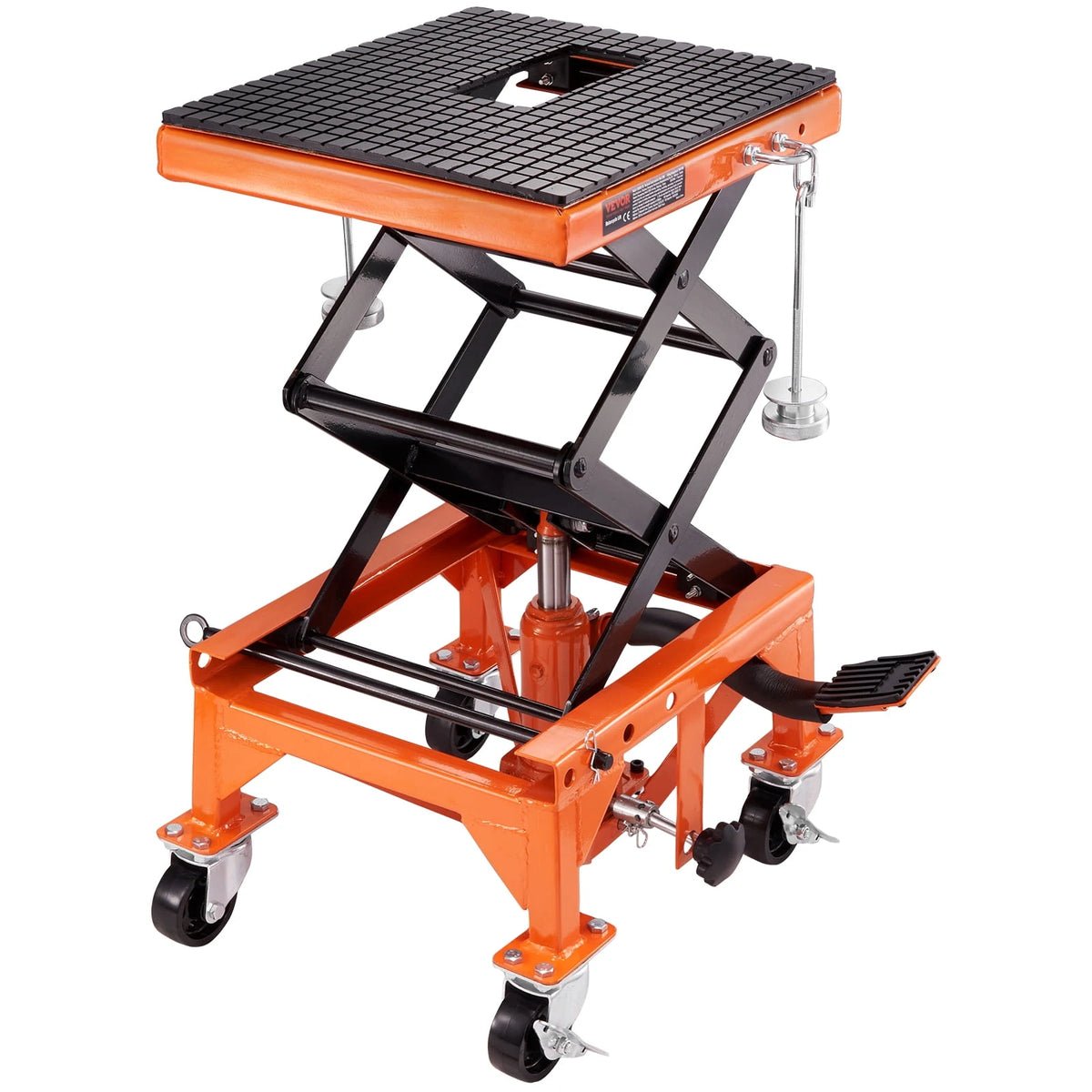 VEVOR Hydraulic Motorcycle Lift Table, 350 lbs Capacity Motorcycle Scissor Jack Lift with Wide Deck, J-hooks, 4 Wheels, Hydraulic Foot-Operated Jack Stand for ATV Dirt Bikes