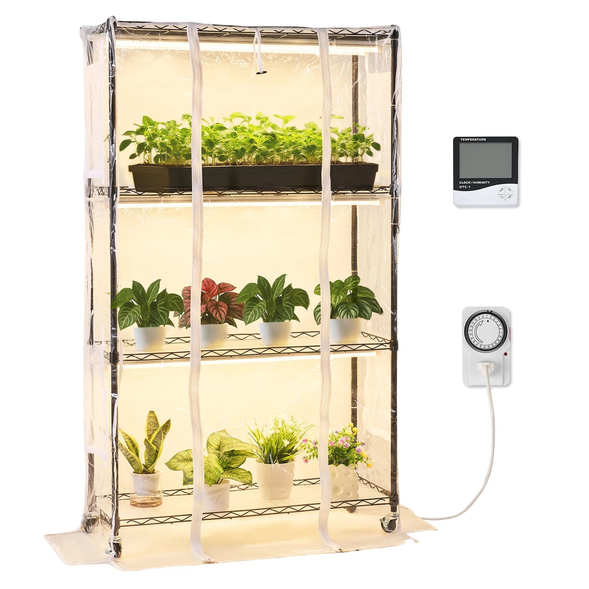 VEVOR Indoor Greenhouse with Grow Light, 59 in Tall 4-Tier Plant Stand with Clear Cover, Timer & Hygrometer, 180W Full Spectrum Grow Lights