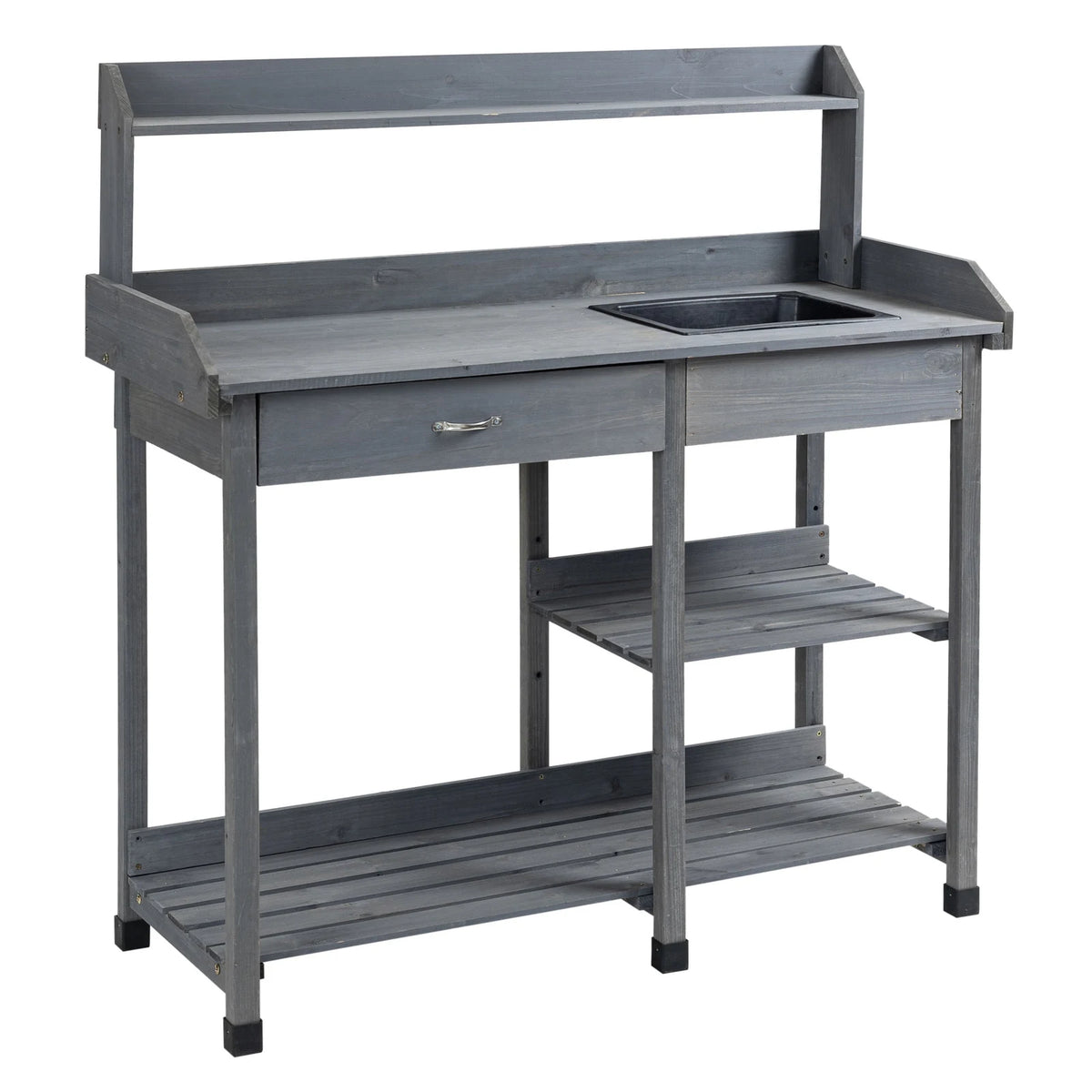 Outsunny Potting Bench Table, Natural Wood, Outdoor Workstation with Drawer, Removable Sink, Storage Shelves and Hooks