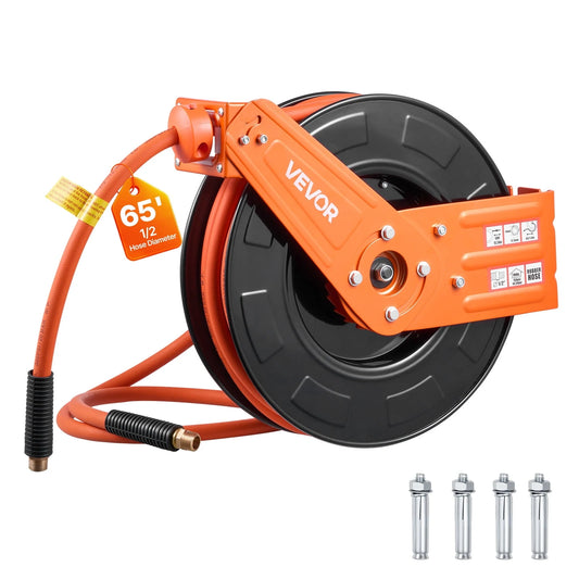 VEVOR Retractable Air Hose Reel, 1/2 Inch x 65 FT Rubber Air Hose Max 300PSI, Auto Rewind Air-Compressor Hoses Reel