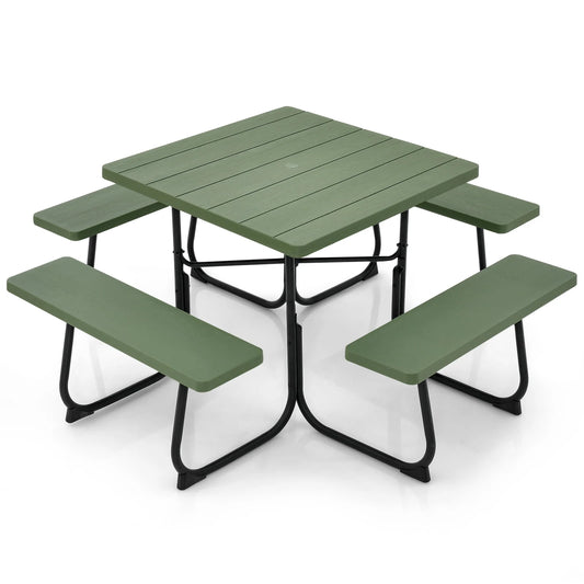 Gymax Outdoor Picnic Table 8-person Square Picnic Table Bench Set w/ 4 Benches & Umbrella Hole Green