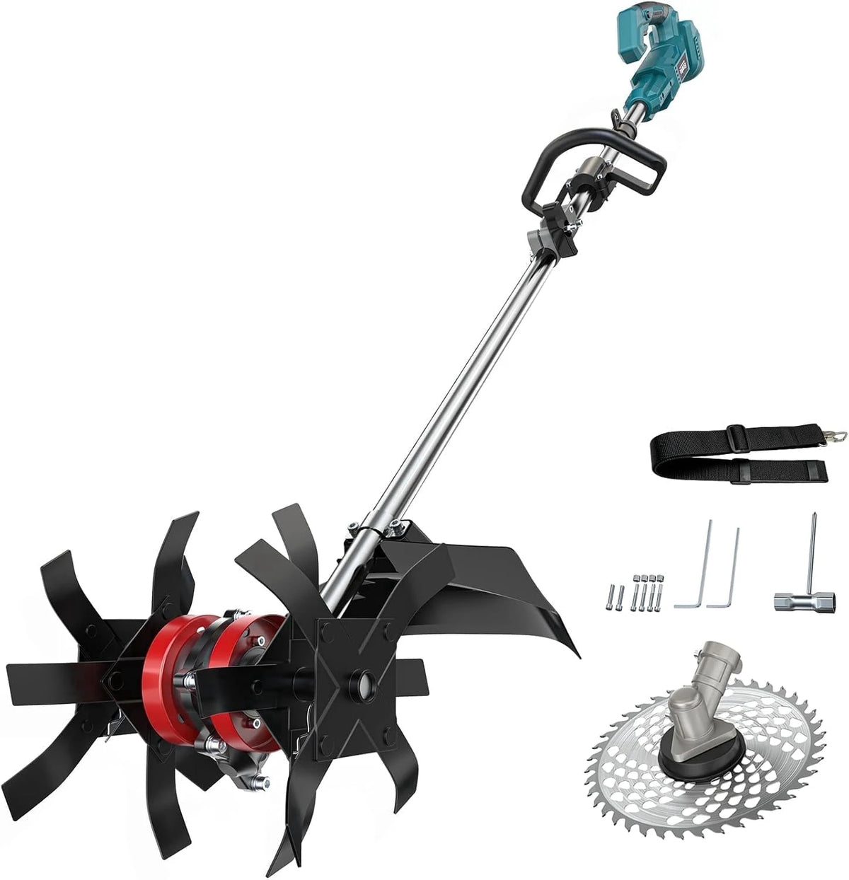 Golyzmt Cordless 2-in-1 Tiller Cultivator & Weed Wacker, 500RPM Ecarke Electric Garden Tiller String Trimmer Soil Cultivation Raised Beds, Weedi