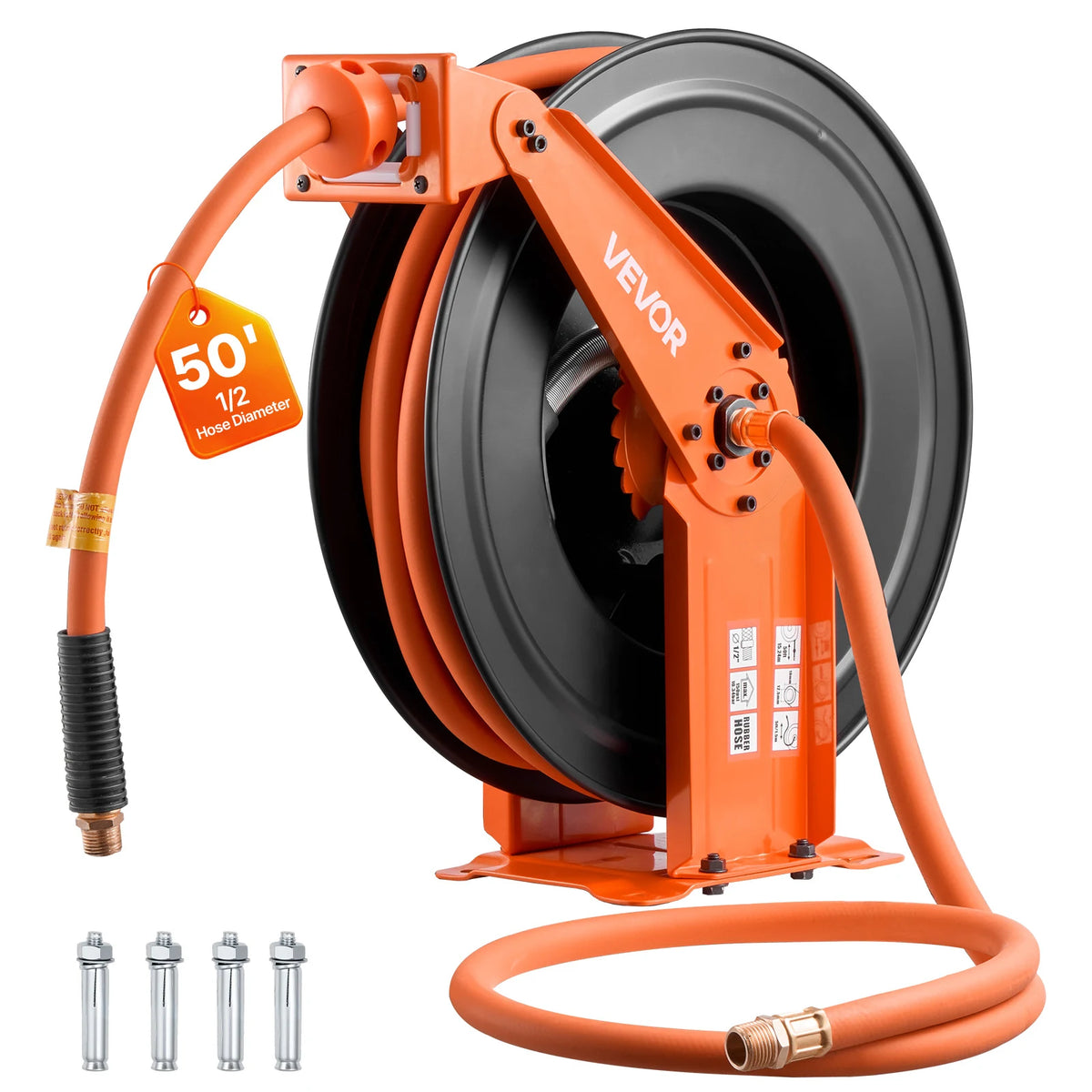 VEVOR Retractable Air Hose Reel, 1/2 Inch x 50 FT Rubber Air Hose Max 300PSI, Auto Rewind Air-Compressor Hoses Reel