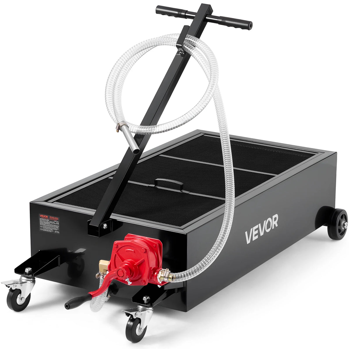 VEVOR Low Profile Oil Drain Pan, 25 Gallon Capacity, Rolling Oil Drain Pan with Manual Pump, 7.2 ft Hose & T Folding Handle, Leak-proof & Corrosion-resistant