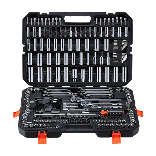 VEVOR Mechanics Tool Set, 253-Piece Mechanic Tool Kit, 1/4 in, 3/8 in, and 1/2 in Drive, SAE and Metric Socket Set, Wrenches, Screwdriver Bits, Accessories, and Storage Case