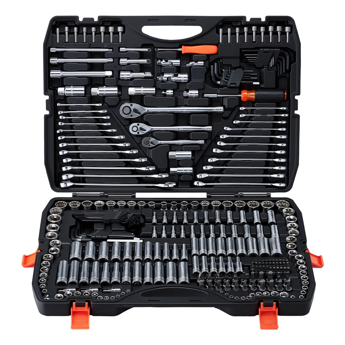 KFFKFF Mechanics Tool Set, 308-Piece Mechanic Tool Kit, 1/4 in, 3/8 in, and 1/2 in Drive, SAE and Metric Socket Set, Wrenches, Screwdriver Bits, Accessories, and Storage Case