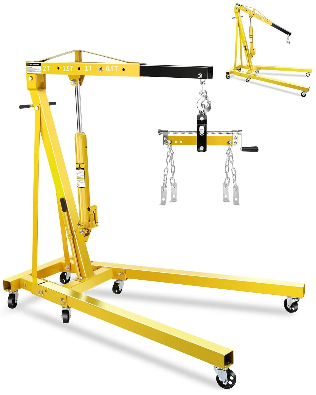 2-Ton Folding Engine Hoist with Lever, Hydraulic Shop Crane with 6 Swivel Wheels & Adjustable Boom (0.5T-2T), Heavy-Duty Cherry Picker for Garage, Workshop, Truck, Farm (Net Wt. 168 lbs)