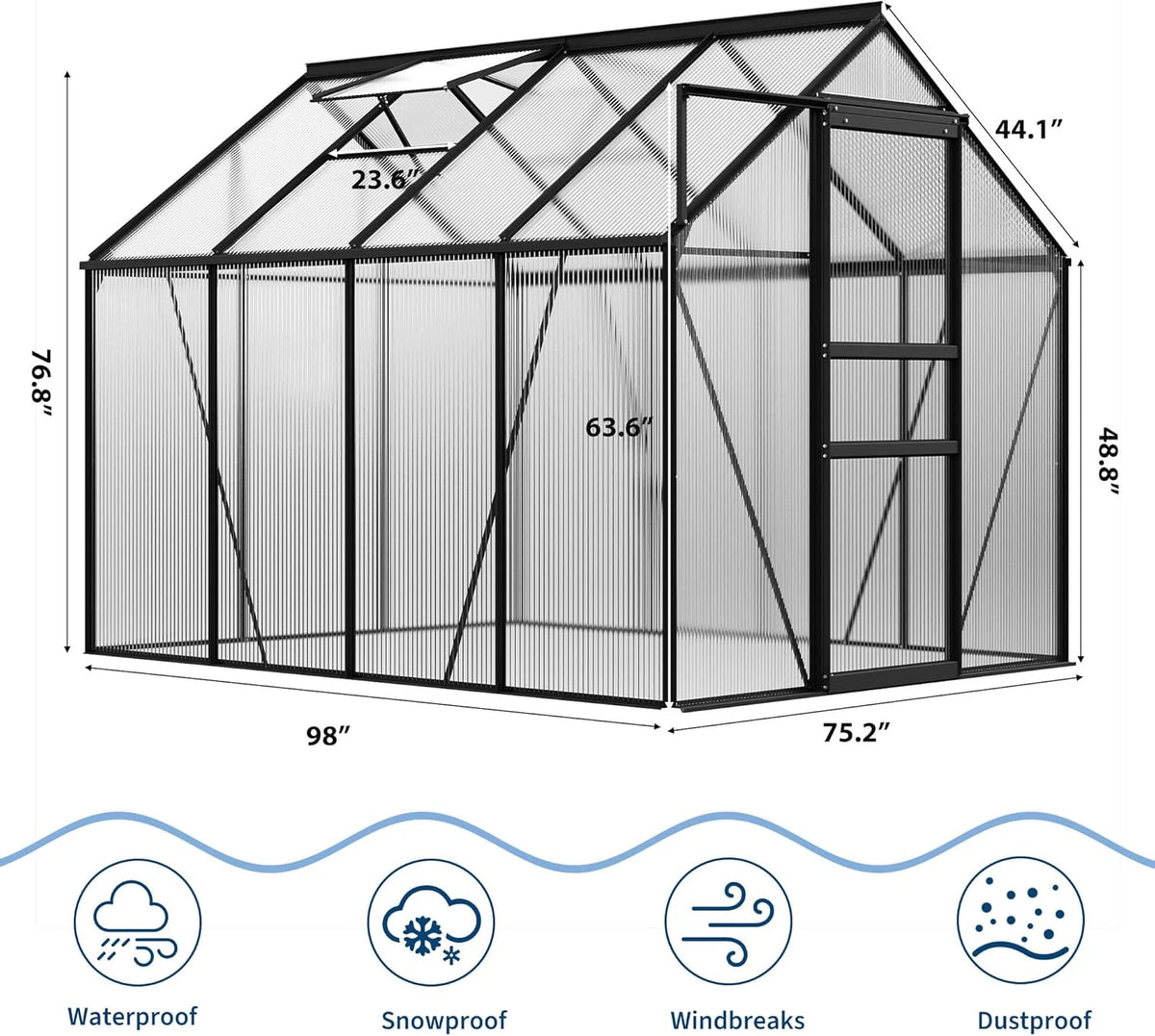 OUYAWEI 6x8FT Outdoor Greenhouse Polycarbonate Aluminum Frame Sliding Door Adjustable Roof Vent Black