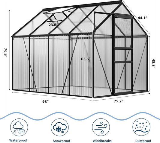 OUYAWEI 6x8FT Outdoor Greenhouse Polycarbonate Aluminum Frame Sliding Door Adjustable Roof Vent Black