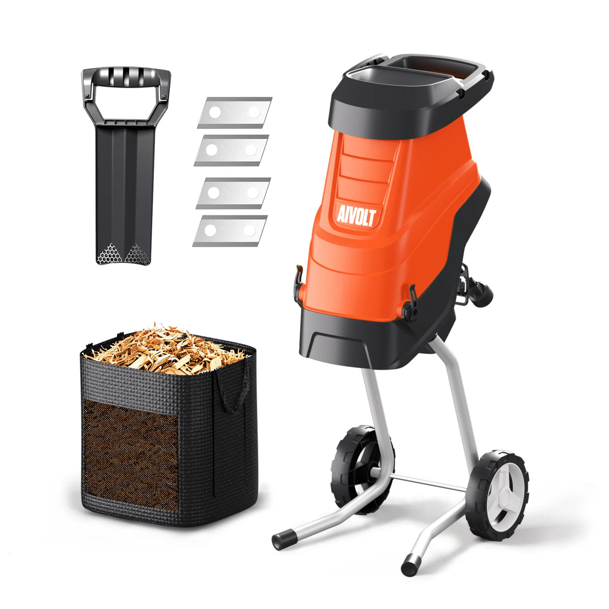 AIVOLT Electric Wood Chipper Shredder Mulcher 15-Amp, 1.8-Inch Cut, 50L Collection Bag, Portable with Wheels for Yard Waste