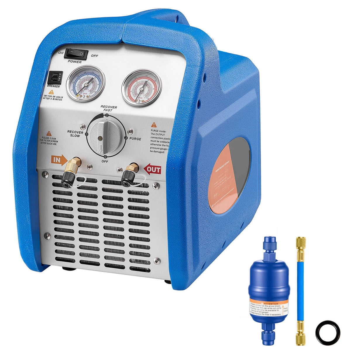KFFKFF Portable Refrigerant Recovery Machine, 3/4 HP 120V 60Hz Single Cylinder AC Recovery Machine for Liquid Vapor Refrigerant, 1750 RPM Recycling Unit HVAC