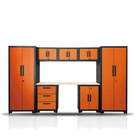 TMG Industrial 8-Piece Garage Storage Cabinet Combo Set, Fully-Welded, Pre-Sealed Wooden Tabletop, Workbench Station, Lockers, Adjustable Levelling, Matte Black Powder Coated Finish