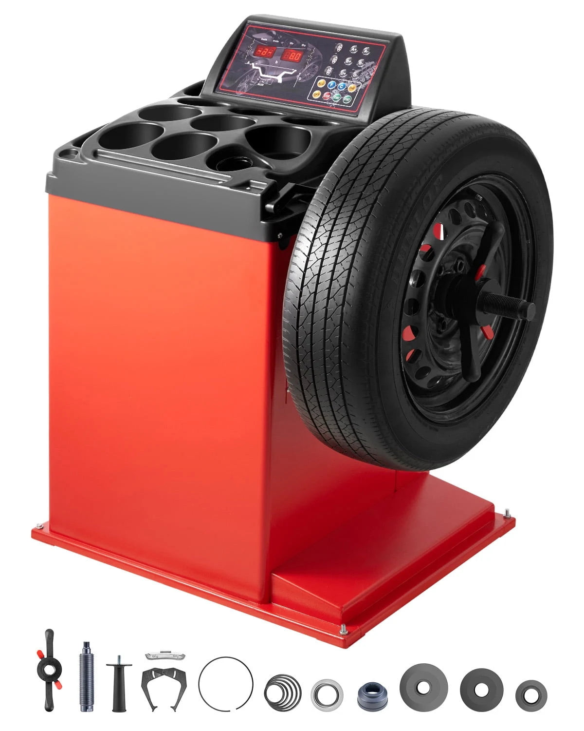 KFFKFF Tire Changer Machine, 18" Spindle, Durable Tire Balancer with 4 Size of Conic & 45# Steel, Reinforced Tire Balancer with Complete Measuring Tools & Multi-Compartment