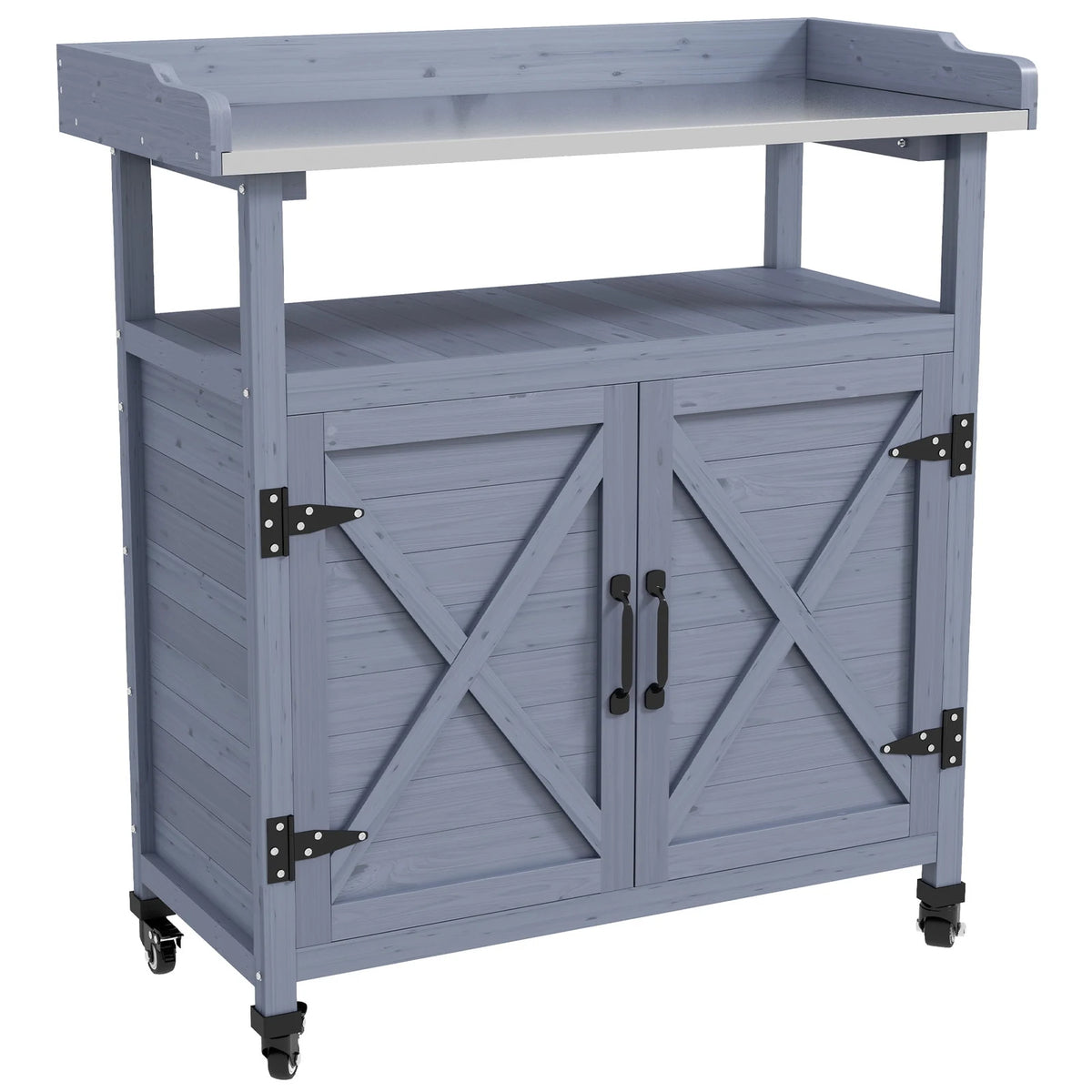 Outsunny Outdoor Potting Bench with Storage, Wheels, Grey