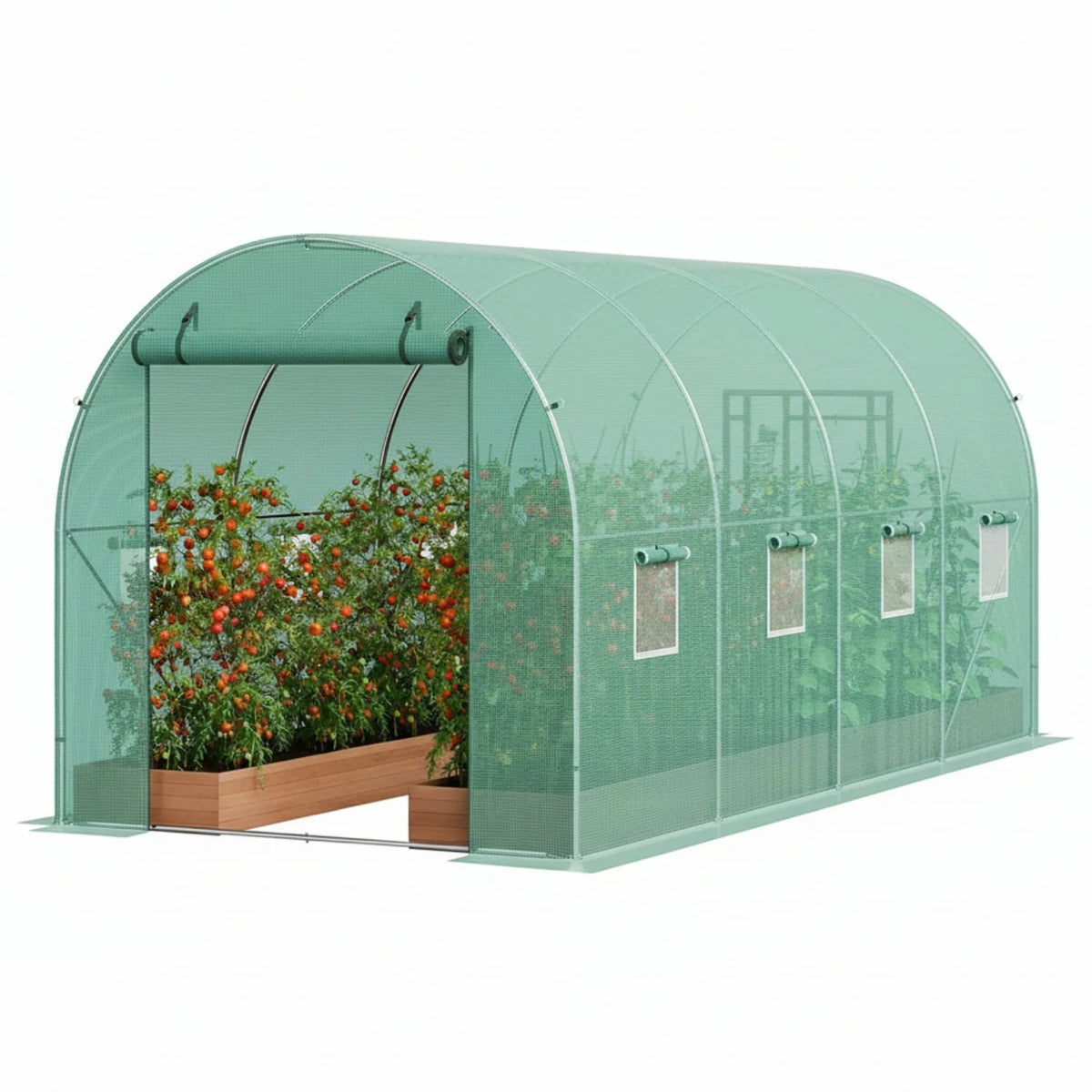 Garvee Tunnel Walk-In Greenhouse, 15 x 6.5 x 6.5 ft, Galvanized Steel Frame, 8 Vents & Roll-up Door