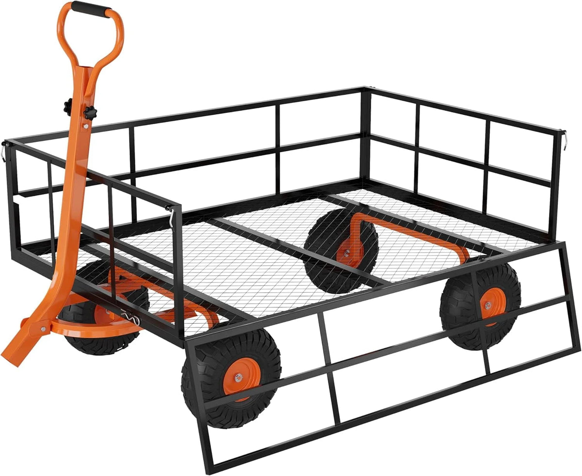 2-in-1 Garden Cart 1200 lb Capacity Steel Wagon with Removable Sides 13 In Tires and Rotating Handle