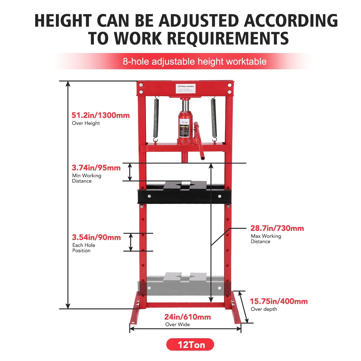 12-Ton H-Frame Hydraulic Shop Press with Adjustable Worktable & Safety Valve – Heavy Duty Benchtop Press for Bearings, Bushings, Metal Bending – Garage & Workshop Equipment 12T