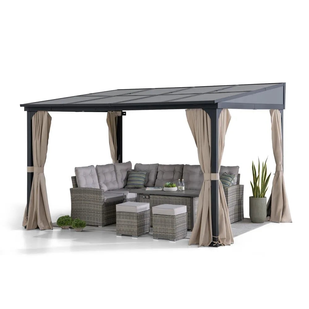 Sunjoy Outdoor Wall Mounted Gazebo 10ft. x 12ft. ,Metal Frame with Polycarbonate Roof, Black Aluminum & Metal Lean-To Gazebo with Curtains and Netting
