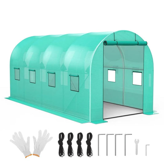 Walk-in Greenhouse with Dual Roll-Up Zipper Doors and 8 Windows, Heavy-Duty Galvanized Steel Frame, Green 140g/m² PE Cover for Outdoor Gardening and Plant Protection