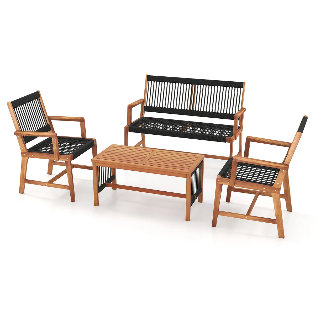 Costway Patio 4pcs Acacia Wood Conversation Table & Chair Set Hand-Woven Rope Outdoor