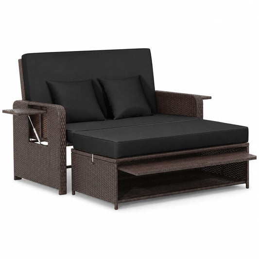 Costway Patio Rattan Loveseat Set Daybed Lounge Storage Ottoman Side Tables Adjust Black