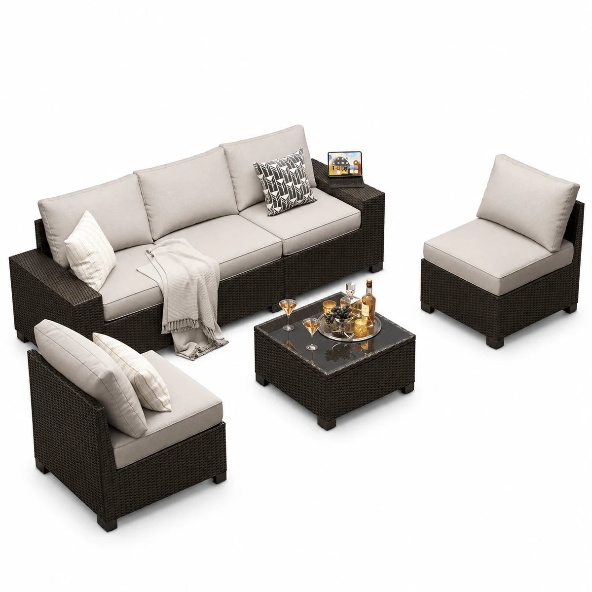 Clouddwell 6-Piece Outdoor Patio Set, 8-Inches Widen Armrest, All-Weather Wicker Sectional with Coffee Table, Grey