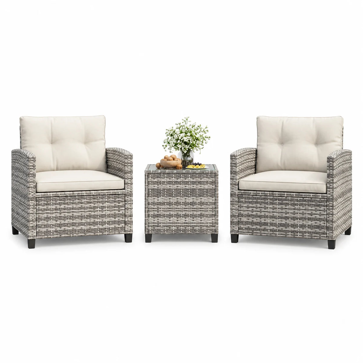 3 Piece Patio Furniture Set, PE Rattan Outdoor Furniture Set with Tempered Glass Table and Cushions, Patio Conversation Set for Balcony and Poolside, Grey and Beige