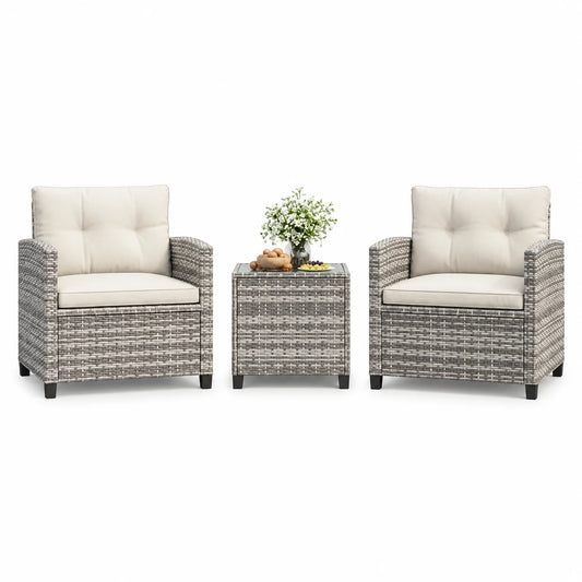 3 Piece Patio Furniture Set, PE Rattan Outdoor Furniture Set with Tempered Glass Table and Cushions, Patio Conversation Set for Balcony and Poolside, Grey and Beige