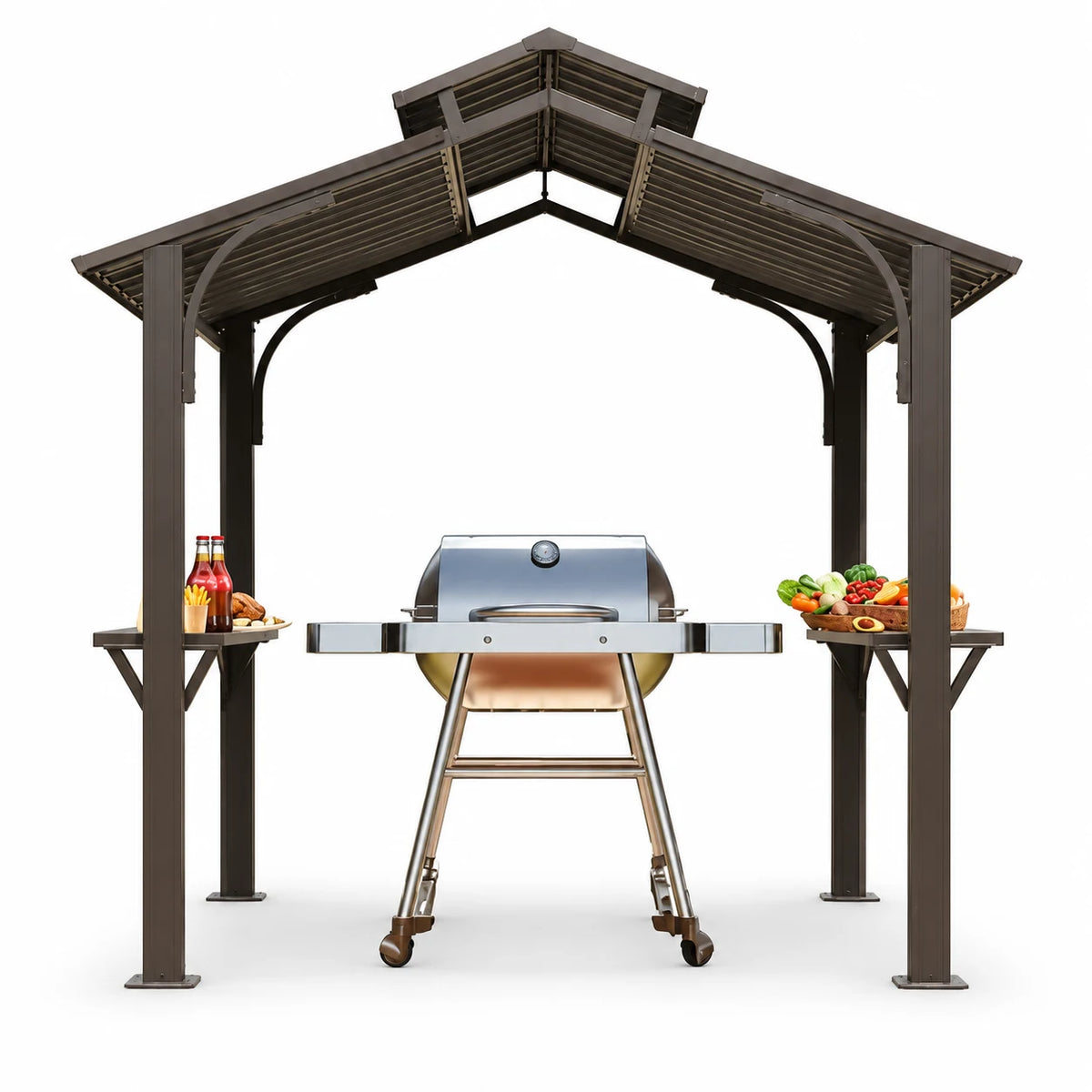Domi 8x5 ft BBQ Gazebo, Aluminum Frame with Shelves & Serving Tables, Double Roof Hardtop Grill Shelter for Patio, Backyard & Garden, Brown