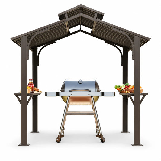 Domi 8x5 ft BBQ Gazebo, Aluminum Frame with Shelves & Serving Tables, Double Roof Hardtop Grill Shelter for Patio, Backyard & Garden, Brown