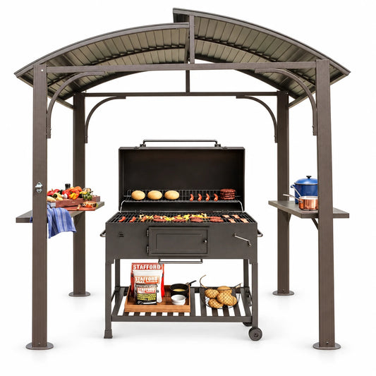 Domi Outdoor Living8x5FT Hardtop Grill Gazebo, BBQ Canopy with Double Galvanized Steel Roof & 2 Side Shelves for Patio,Garden,Backyard, Brown