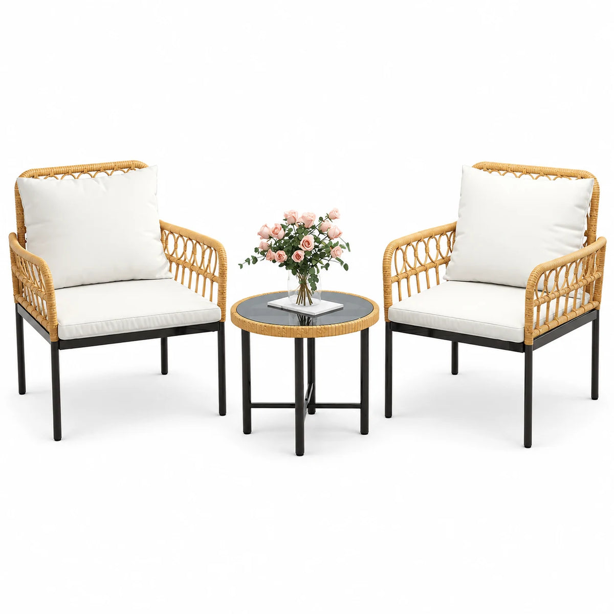 Ourlova 3 Piece Outdoor Patio Furniture Set All Weather Rattan Patio Bistro Set with Glass Top Side Table Cushions All-Weather Rattan Balcony Furniture Set for Porch Backyard Lawn Apartment