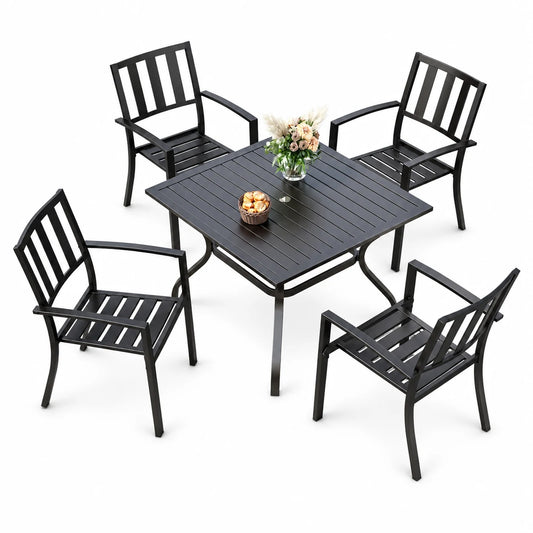 MFSTUDIO Metal Patio Dining Sets for 4, Outdoor Dining Sets with 1.57” Umbrella Hole, 4 Garden Backyard Metal Chairs and Larger Square Patio Table, Black
