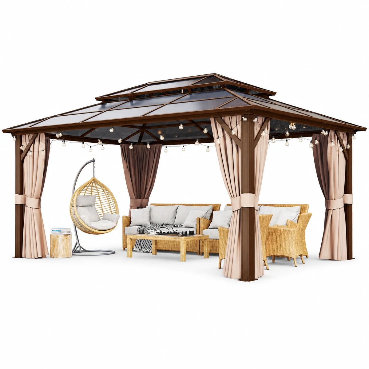 Aoxun 12 ft. x 16 ft. Hardtop Gazebo, Aluminum Frame Permanent Pavilion with Curtains and Netting, Outdoor Polycarbonate Double Roof Canopy, for Garden, Lawns, Patio