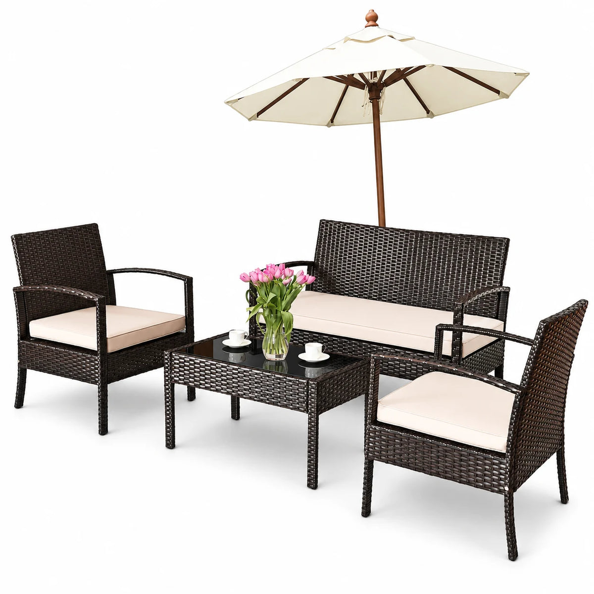 Costway 4PCS Patio Rattan Conversation Furniture Set Cushioned Seat Glass Table