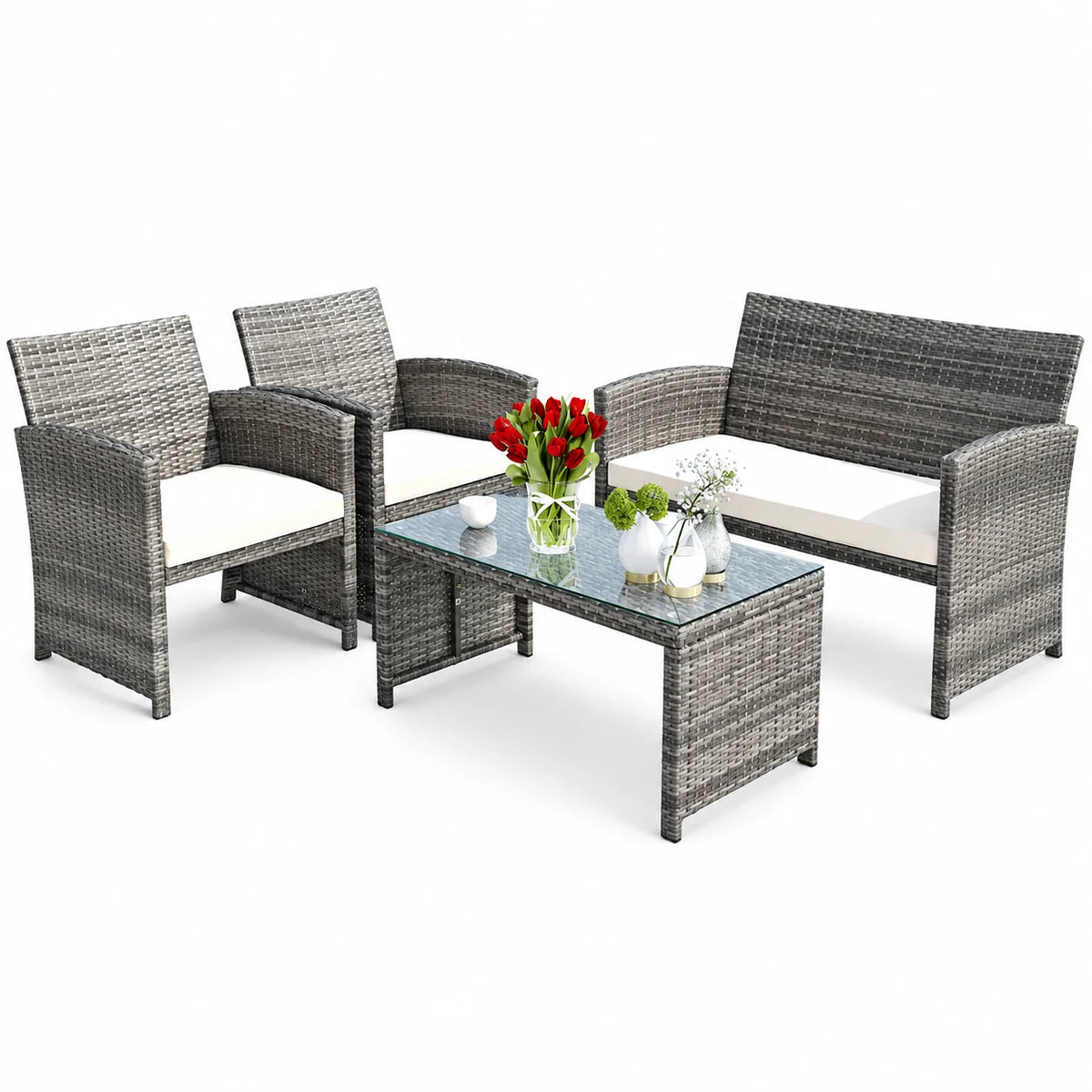 Costway 4PCS Patio Rattan Furniture Set Conversation Glass Table Top Cushioned Sofa