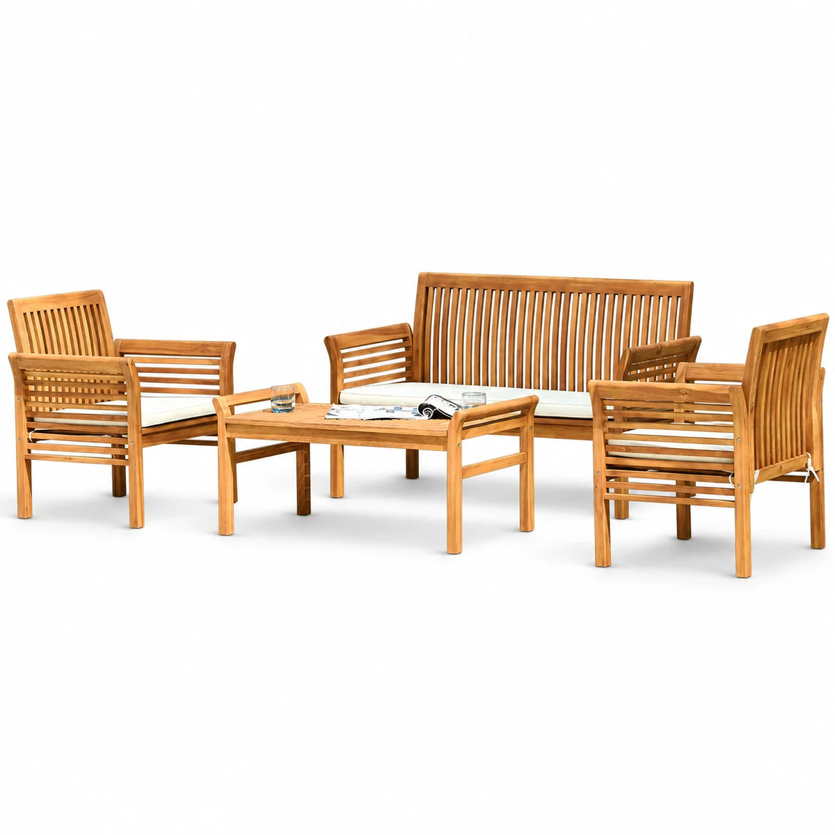 Costway 4 PCS Outdoor Acacia Wood Sofa Furniture Set Cushioned Chair Coffee Table Garden