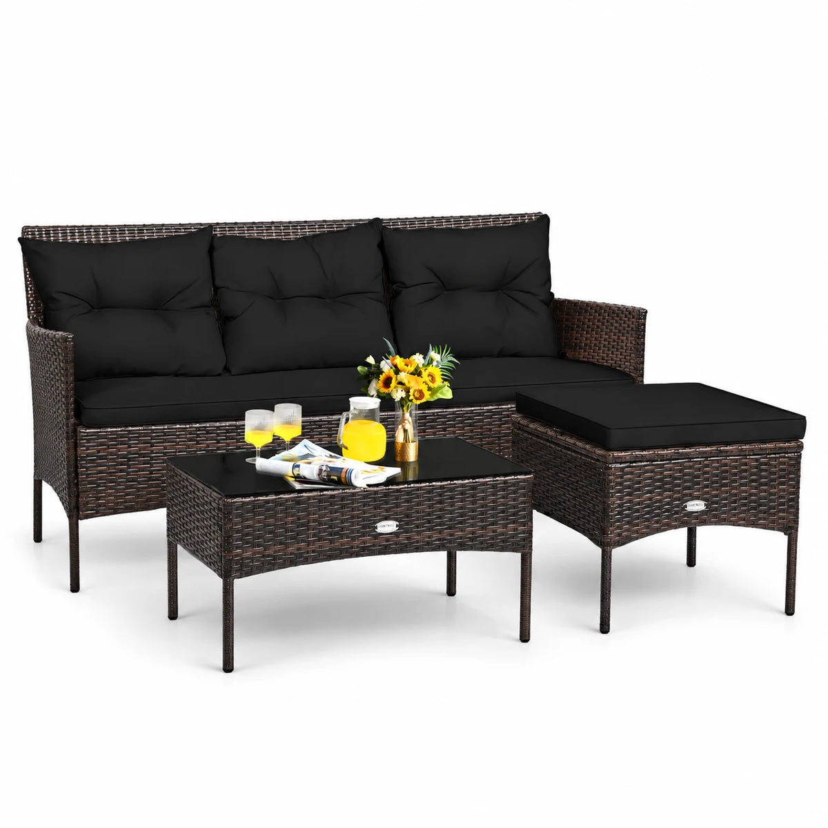 Costway 3 PCS Patio Rattan Furniture Set 3-Seat Sofa Cushioned Table Garden Black