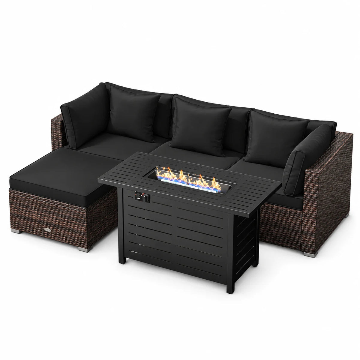 Costway 5 PCS Patio Furniture Set Heavy-duty Frame Rattan Sofa Set with 60,000 BTU Firepit Table Black