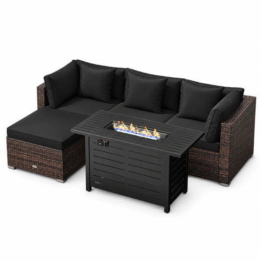 Costway 5 PCS Patio Furniture Set Heavy-duty Frame Rattan Sofa Set with 60,000 BTU Firepit Table Black