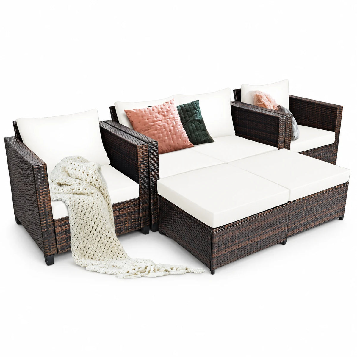 Costway 5PCS Patio Rattan Furniture Set Loveseat Sofa Ottoman Cushioned White