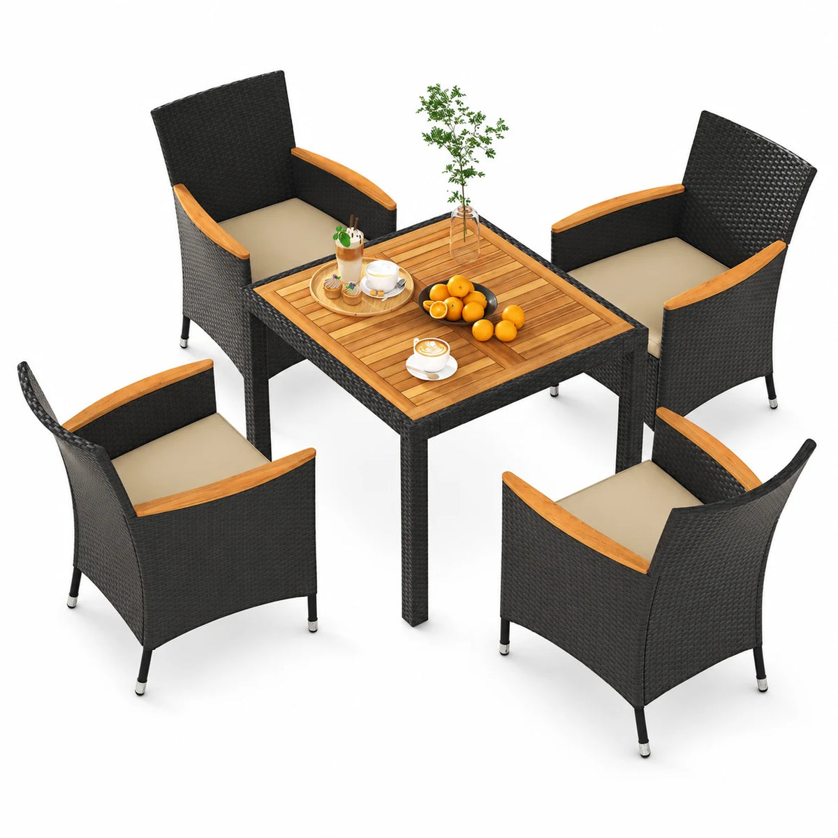 Costway 5 PCS Patio Dining Table Set for 4 Rattan Conversation Set with Umbrella Hole