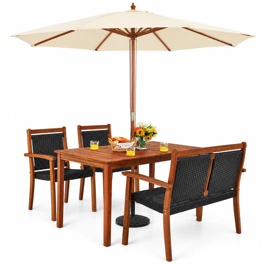 Costway 4PCS Patio Rattan Dining Furniture Set Acacia Wood Frame Chair Loveseat